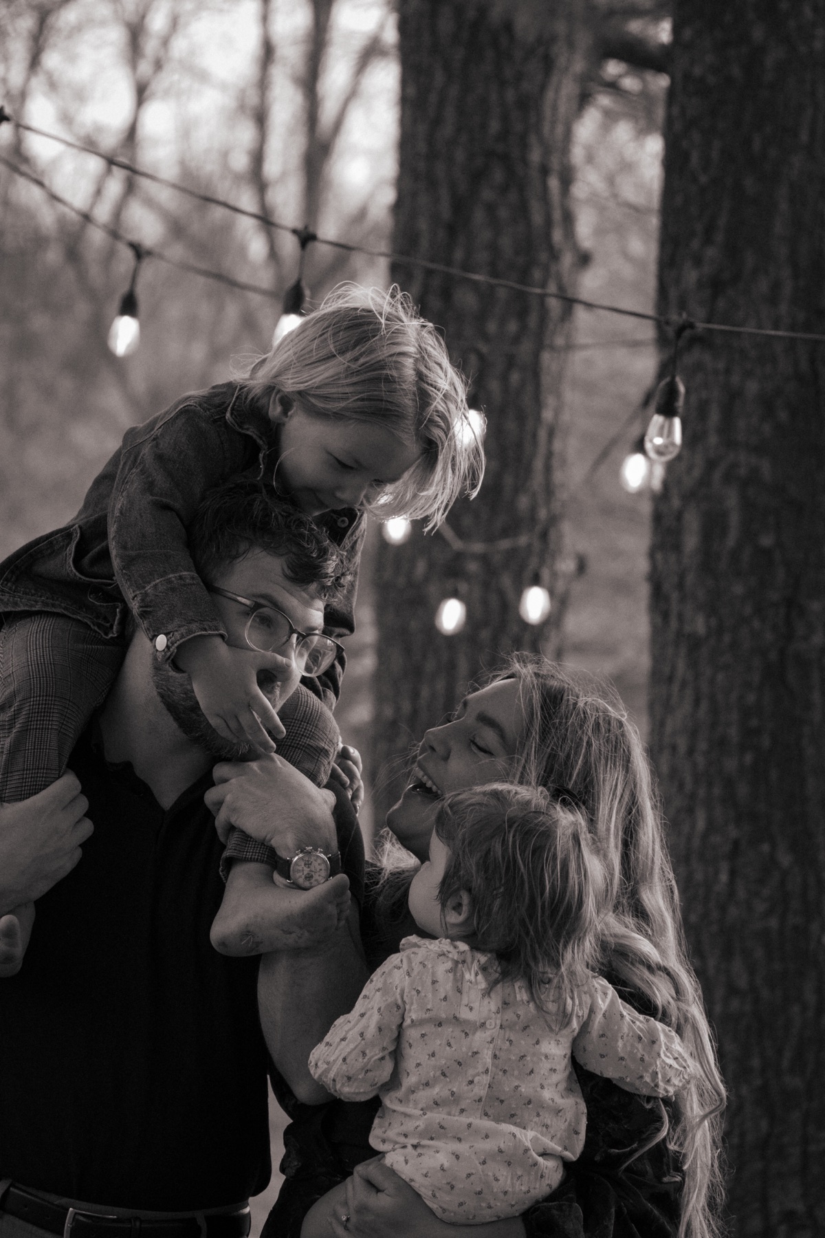 Grant family, black and white, laughing together